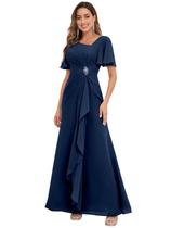 Vestido PRESEOSSA em chiffon azul marinho Mother of the Bride A Line Vestido PRESEOSSA em chiffon azul marinho Mother of the Bride A Line
