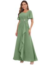 Vestido PRESEOSSA Mãe do Noivo: Chiffon Verde Sálvia, Tamanho 10