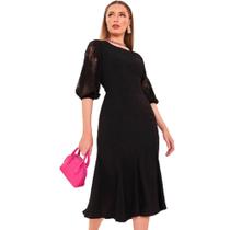 Vestido preto em tecido flow mangas em renda fascinius