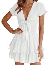 Vestido PRETTYGARDEN 2025 Branco Decote V Manga Curta Médio