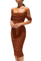Vestido PRETTYGARDEN 2025 con escote off shoulder drapeado ajustado M - Caramelo Vestido PRETTYGARDEN 2025 con escote off shoulder drapeado ajustado M - Caramelo