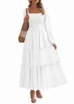 Vestido PRETTYGARDEN 2025 de manga larga con fruncidos y volantes maxi blanco talla S Vestido PRETTYGARDEN 2025 de manga larga con fruncidos y volantes maxi blanco talla S