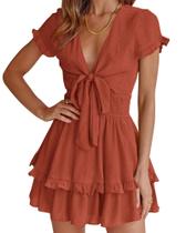 Vestido PRETTYGARDEN 2025 Decote V Manga Curta Laço L - Vermelho