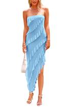 Vestido PRETTYGARDEN 2025 Longo Azul Claro sem alça com Babados Tamanho L