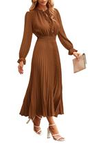 Vestido PRETTYGARDEN 2025 Midi Manga Longa Plissado Marrom P