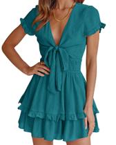 Vestido PRETTYGARDEN 2025 Mini com Babados, Decote V e Laço - XXL