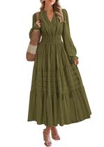 Vestido PRETTYGARDEN 2025 Outono Maxi com Decote V, Bolsos, Verde Militar Vestido PRETTYGARDEN 2025 Outono Maxi com Decote V, Bolsos, Verde Militar