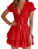 Vestido PRETTYGARDEN 2025 Rojo con Escote en V y Manga Corta Talla L Vestido PRETTYGARDEN 2025 Rojo con Escote en V y Manga Corta Talla L