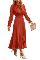 Vestido PRETTYGARDEN 2025 Swiss Dot Plissado Midi Vermelho Tijolo M