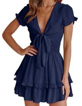 Vestido PRETTYGARDEN 2025 Verão Mini Azul Marinho com Decote V e Laço Tamanho S