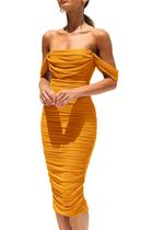 Vestido PRETTYGARDEN Ajustado con Frunces y Hombros Descubiertos en Amarillo, Talla S Vestido PRETTYGARDEN Ajustado con Frunces y Hombros Descubiertos en Amarillo, Talla S
