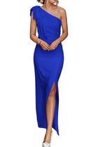 Vestido PRETTYGARDEN Azul Royal Ombro Único com Franzidos Maxi G