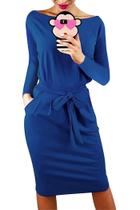 Vestido PRETTYGARDEN Bodycon com Amarração na Cintura Manga Longa Azul XL Vestido PRETTYGARDEN Bodycon com Amarração na Cintura Manga Longa Azul XL