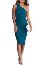 Vestido PRETTYGARDEN Bodycon com Franzidos e Ombro Único Azul Lago Tamanho S Vestido PRETTYGARDEN Bodycon com Franzidos e Ombro Único Azul Lago Tamanho S