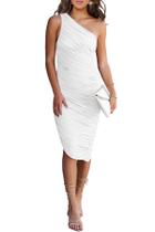 Vestido PRETTYGARDEN Bodycon com Ombro Único Franzido Branco P Vestido PRETTYGARDEN Bodycon com Ombro Único Franzido Branco P