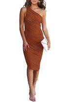 Vestido PRETTYGARDEN Bodycon com Ombro Único Franzido Caramelo M Vestido PRETTYGARDEN Bodycon com Ombro Único Franzido Caramelo M
