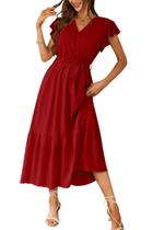 Vestido PRETTYGARDEN Boho Floral Maxi Envelope Decote V Vinho Vermelho P