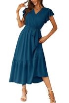 Vestido PRETTYGARDEN cruzado con escote en V, volante floral, línea A, azul, talla S