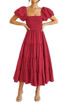 Vestido PRETTYGARDEN de manga abullonada, escote cuadrado, largo midi, color rojo, talla L Vestido PRETTYGARDEN de manga abullonada, escote cuadrado, largo midi, color rojo, talla L