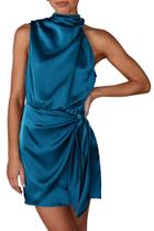 Vestido PRETTYGARDEN de Satén sin Mangas con Cuello Simulado y Cinturón Talla M Vestido PRETTYGARDEN de Satén sin Mangas con Cuello Simulado y Cinturón Talla M