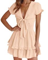 Vestido PRETTYGARDEN de Verão com Decote em V, Babados em Camadas, Mini, Cor Damasco, Tamanho S Vestido PRETTYGARDEN de Verão com Decote em V, Babados em Camadas, Mini, Cor Damasco, Tamanho S