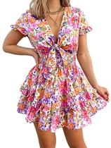 Vestido PRETTYGARDEN Decote V Manga Curta Camadas com Laço Pequeno Vestido PRETTYGARDEN Decote V Manga Curta Camadas com Laço Pequeno