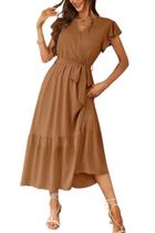 Vestido PRETTYGARDEN Envelope Decote V Babado Maxi Marrom XXL Vestido PRETTYGARDEN Envelope Decote V Babado Maxi Marrom XXL