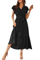 Vestido PRETTYGARDEN Envelope Decote V Preto Pequeno com Cinto Vestido PRETTYGARDEN Envelope Decote V Preto Pequeno com Cinto