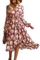 Vestido PRETTYGARDEN Floral Boho Envelope Decote V Maxi Vinho Vermelho M