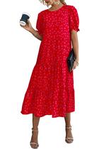 Vestido PRETTYGARDEN Floral Boho Midi com Mangas Bufantes Vermelho M Vestido PRETTYGARDEN Floral Boho Midi com Mangas Bufantes Vermelho M