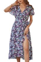 Vestido PRETTYGARDEN Floral Cruzado con Escote en V y Mangas Cortas, Talla Mediana