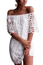 Vestido PRETTYGARDEN Floral de Encaje Mini Blanco con Escote en Hombros L