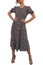 Vestido PRETTYGARDEN Floral Marrón Boho Midi con Mangas Puff Talla L Vestido PRETTYGARDEN Floral Marrón Boho Midi con Mangas Puff Talla L