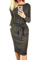 Vestido PRETTYGARDEN Justado com Amarração na Cintura Manga Longa Cinza Escuro P Vestido PRETTYGARDEN Justado com Amarração na Cintura Manga Longa Cinza Escuro P