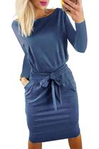 Vestido PRETTYGARDEN Justo de Manga Longa com Cinto Azul M