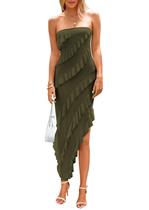 Vestido PRETTYGARDEN Longo sem alça com Babados Verde Militar XL