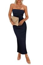 Vestido PRETTYGARDEN Longo Tubinho sem alça Azul Marinho M