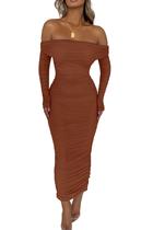 Vestido PRETTYGARDEN Maxi Ajustado con Hombros Descubiertos, Fruncido y Abertura en Caramelo M Vestido PRETTYGARDEN Maxi Ajustado con Hombros Descubiertos, Fruncido y Abertura en Caramelo M