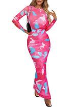 Vestido PRETTYGARDEN Maxi con Estampado Floral, Manga Larga, Color Rojo Rosa, Talla L