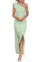 Vestido PRETTYGARDEN Maxi Verde Claro com Ombro Único e Franzido M Vestido PRETTYGARDEN Maxi Verde Claro com Ombro Único e Franzido M