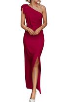 Vestido PRETTYGARDEN Maxi Vinho Vermelho com Fenda, Franzido e Ombro Único M Vestido PRETTYGARDEN Maxi Vinho Vermelho com Fenda, Franzido e Ombro Único M