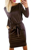 Vestido PRETTYGARDEN Médio Café Manga Longa com Cinto para Amarrar