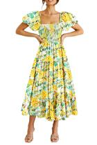 Vestido PRETTYGARDEN Midi Amarillo Floral con Mangas Abullonadas Talla X-Large Vestido PRETTYGARDEN Midi Amarillo Floral con Mangas Abullonadas Talla X-Large