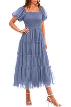 Vestido PRETTYGARDEN Midi com Lastex, Tule e Mangas Bufantes Cinza Azul M Vestido PRETTYGARDEN Midi com Lastex, Tule e Mangas Bufantes Cinza Azul M