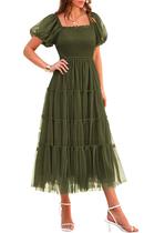 Vestido PRETTYGARDEN Midi com Lastex, Tule, Mangas Bufantes Verde Militar G Vestido PRETTYGARDEN Midi com Lastex, Tule, Mangas Bufantes Verde Militar G