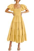 Vestido PRETTYGARDEN Midi con Escote Cuadrado y Mangas Abullonadas Amarillo XL Vestido PRETTYGARDEN Midi con Escote Cuadrado y Mangas Abullonadas Amarillo XL