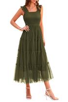 Vestido PRETTYGARDEN Midi de Tule Verde Militar Sem Manga com Franzido M Vestido PRETTYGARDEN Midi de Tule Verde Militar Sem Manga com Franzido M