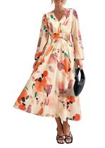 Vestido PRETTYGARDEN Midi Floral Manga Longa Decote V Laranja M Vestido PRETTYGARDEN Midi Floral Manga Longa Decote V Laranja M