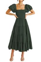 Vestido PRETTYGARDEN Midi Manga Bufante Decote Quadrado Verde Militar S Vestido PRETTYGARDEN Midi Manga Bufante Decote Quadrado Verde Militar S
