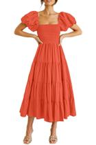 Vestido PRETTYGARDEN Midi Smock con Mangas Abullonadas Naranja Talla S Vestido PRETTYGARDEN Midi Smock con Mangas Abullonadas Naranja Talla S